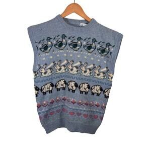 Vintage Deans of Scotland Light Blue Animal Sweater Vest | Ducks, Rabbits